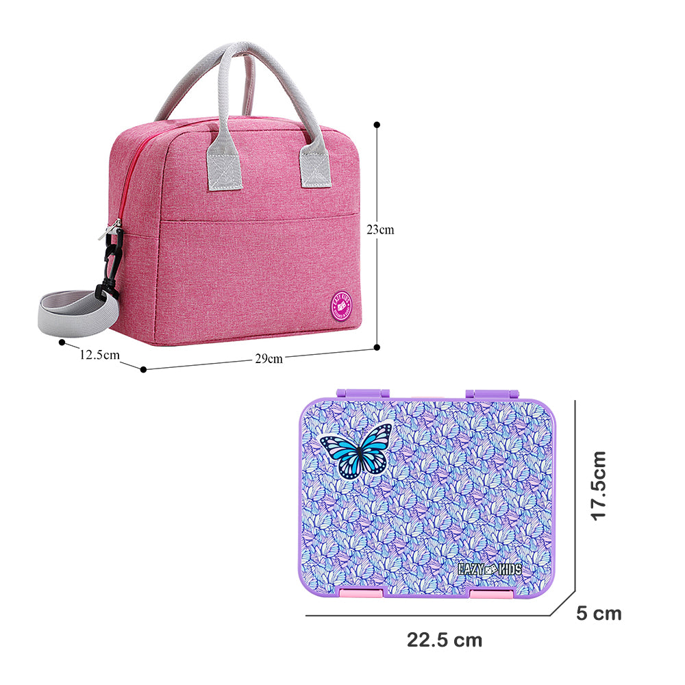 EAZY KIDS 6 & 4 Convertible Bento Lunch Box w/ Lunch Bag, Steel Spoon & Fork Set and Alphabets Sticker - Butterfly Purple