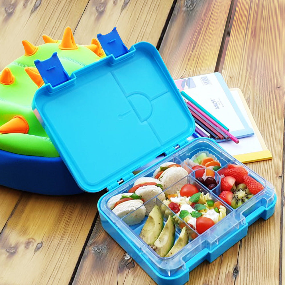EAZY KIDS Dinosaur 6/4 Compartment Bento Lunch Box w/Lunch Bag - Blue
