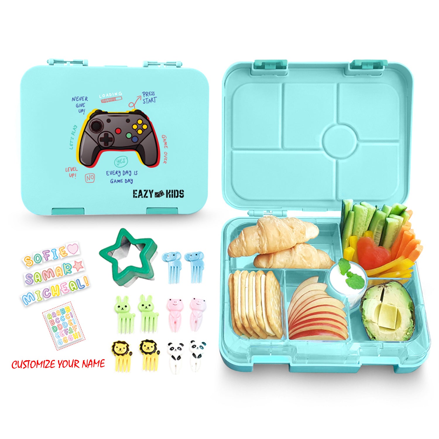 EAZY KIDS PlayStation Green 6 Compartment Bento Lunch Box w/Lunch Bag - Blue