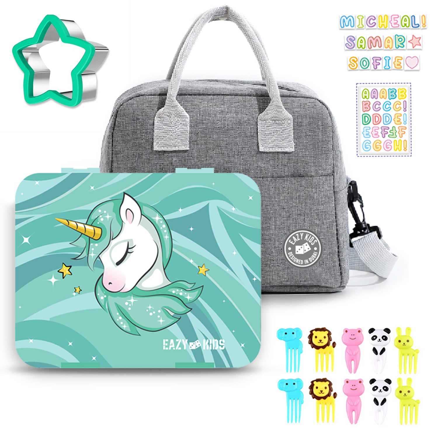 EAZY KIDS Unicorn Green 6/4 Compartment Bento Lunch Box w/Lunch Bag - Grey