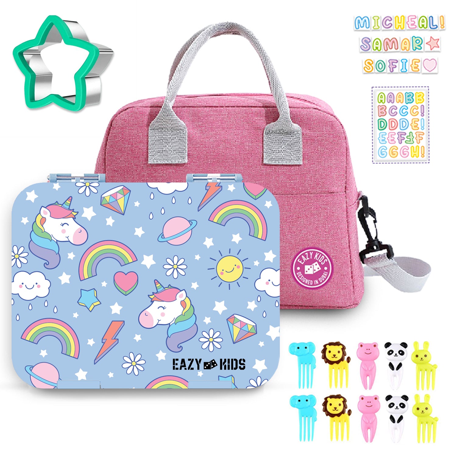 EAZY KIDS Unicorn 4 Compartment Bento Lunch Box w/Lunch Bag - Pink