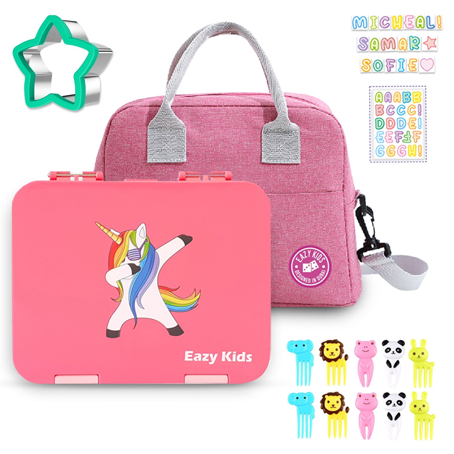 EAZY KIDS Unicorn 6/4 Compartment Bento Lunch Box w/Lunch Bag - Pink