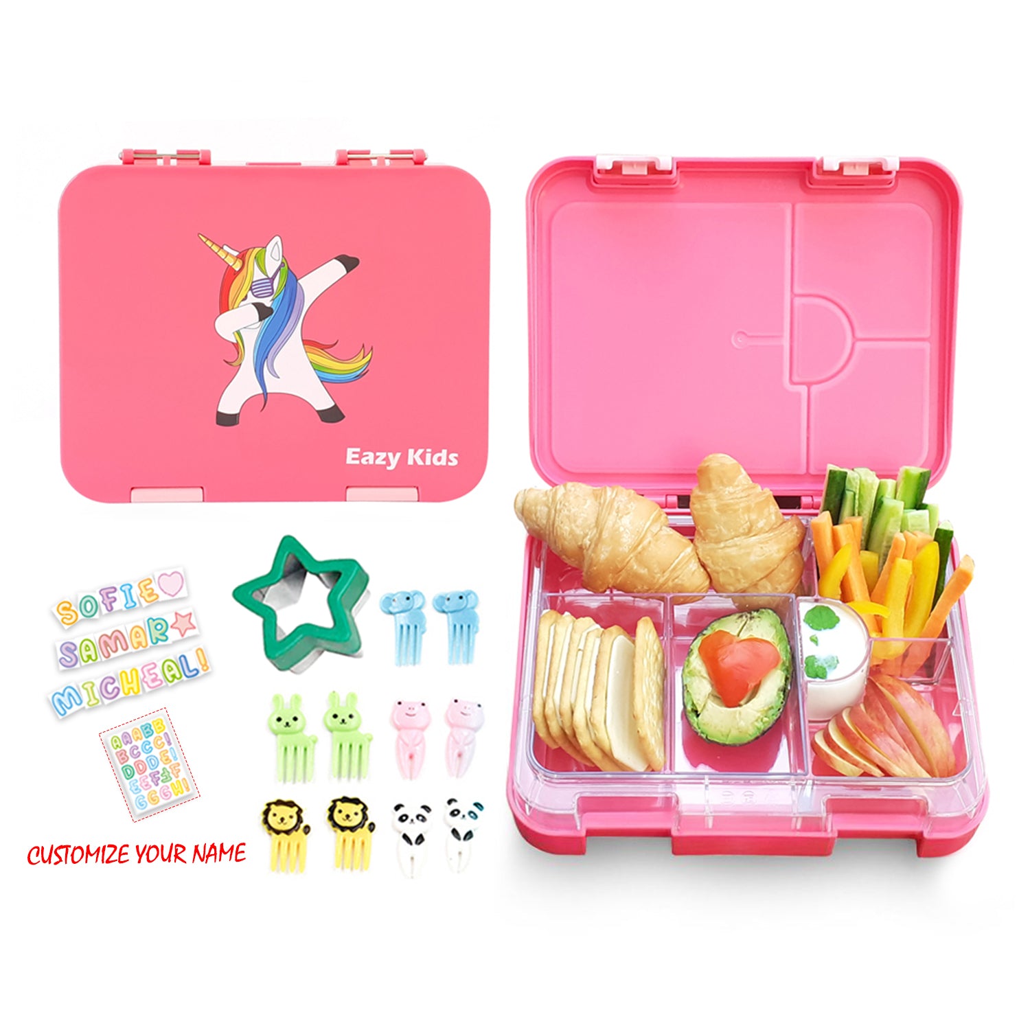 EAZY KIDS Unicorn 6/4 Compartment Bento Lunch Box w/Lunch Bag - Pink