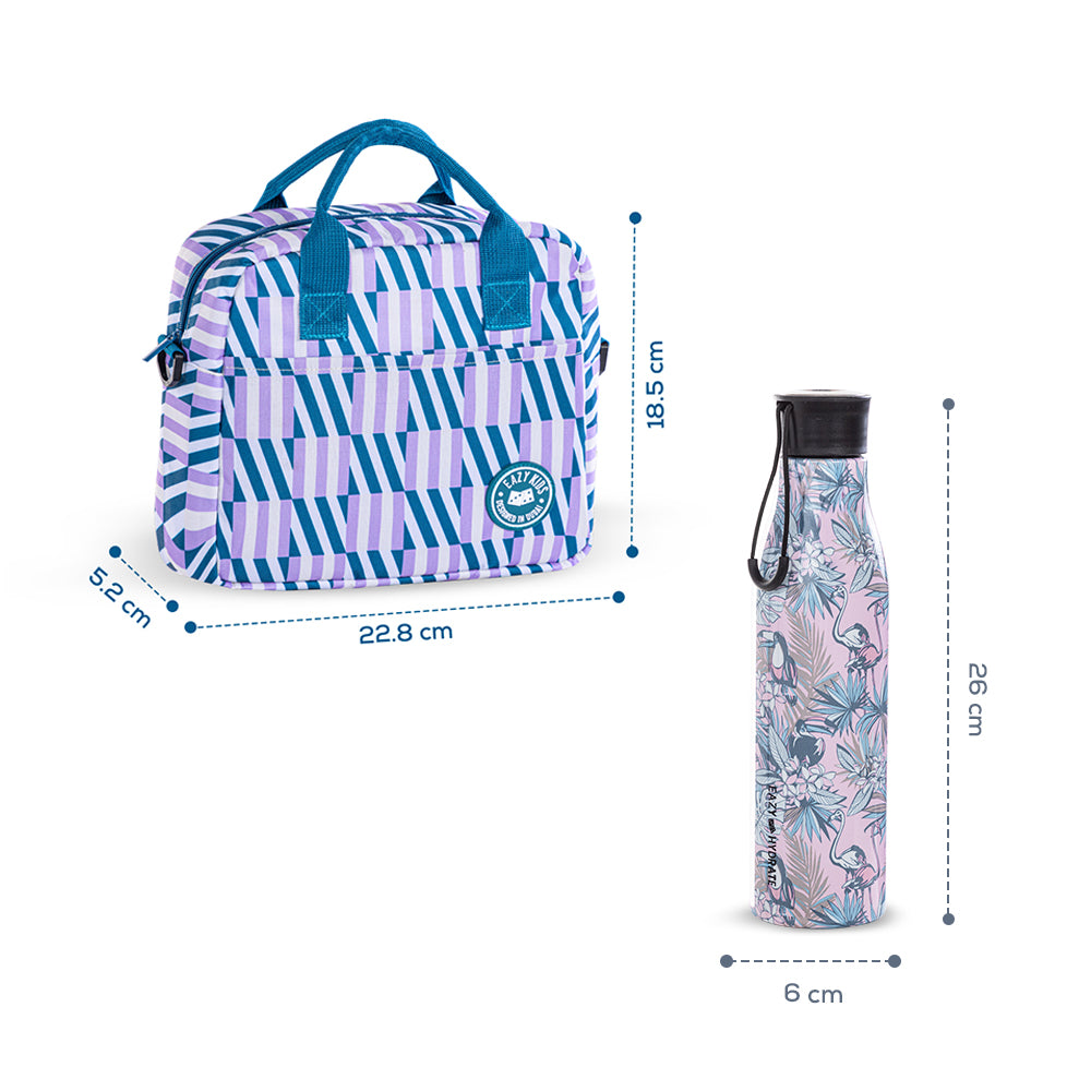 EAZY KIDS Steel Water Bottle w/ Lunch Bag, 760ml Floral