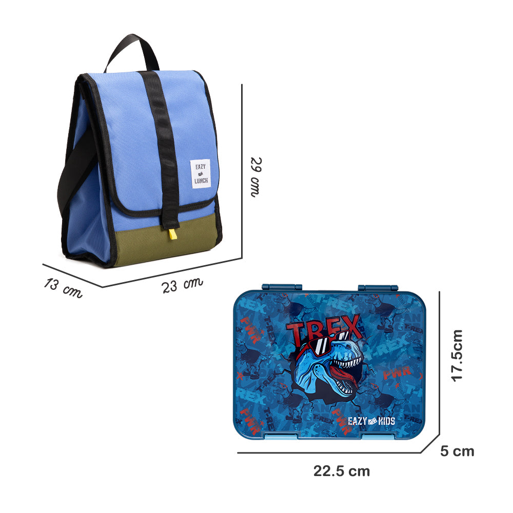 EAZY KIDS 6 & 4 Convertible Bento Lunch Box w/ Lunch Bag, Sandwich Cutter Set - T-Rex Blue