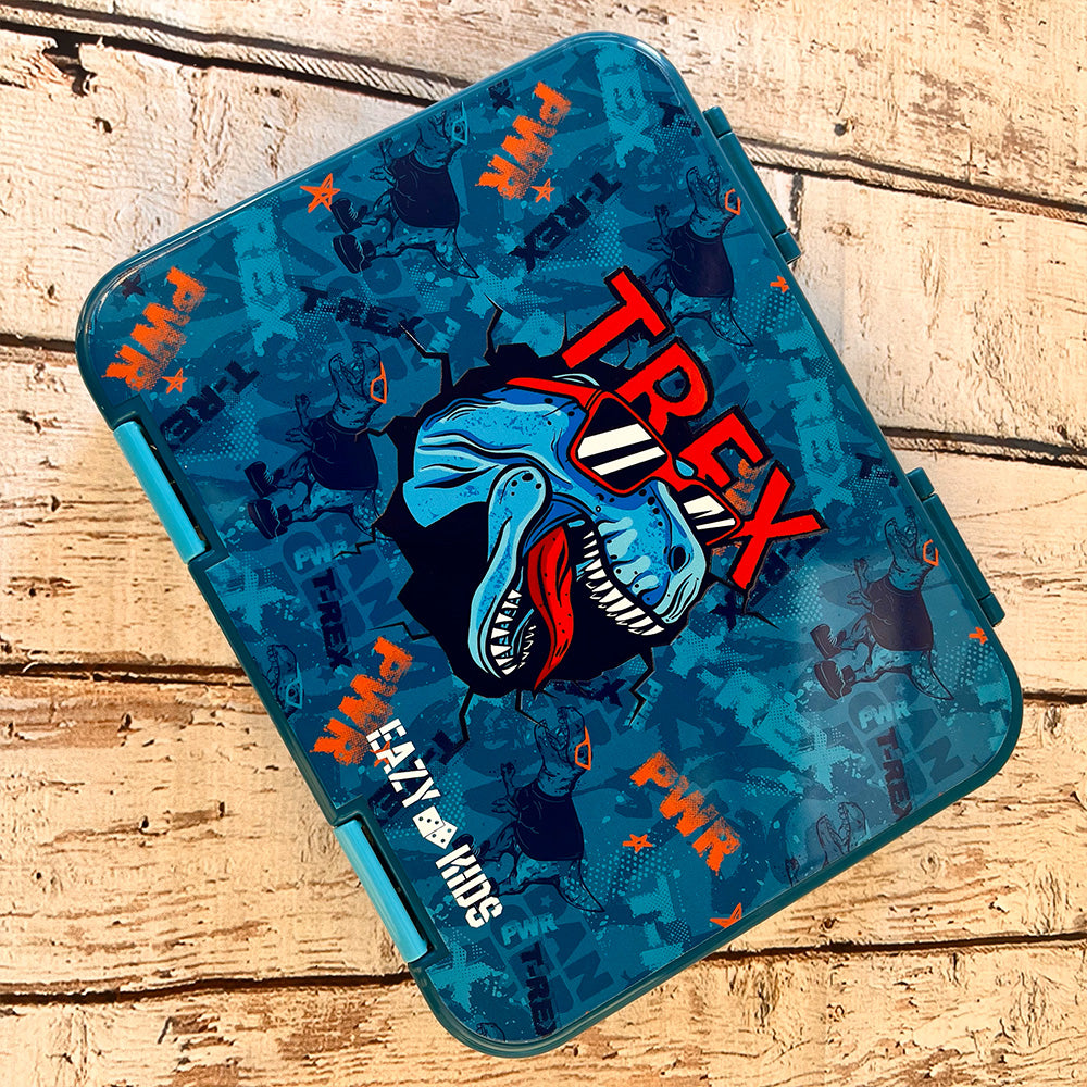 EAZY KIDS 6 & 4 Convertible Bento Lunch Box w/ Lunch Bag, Sandwich Cutter Set - T-Rex Blue