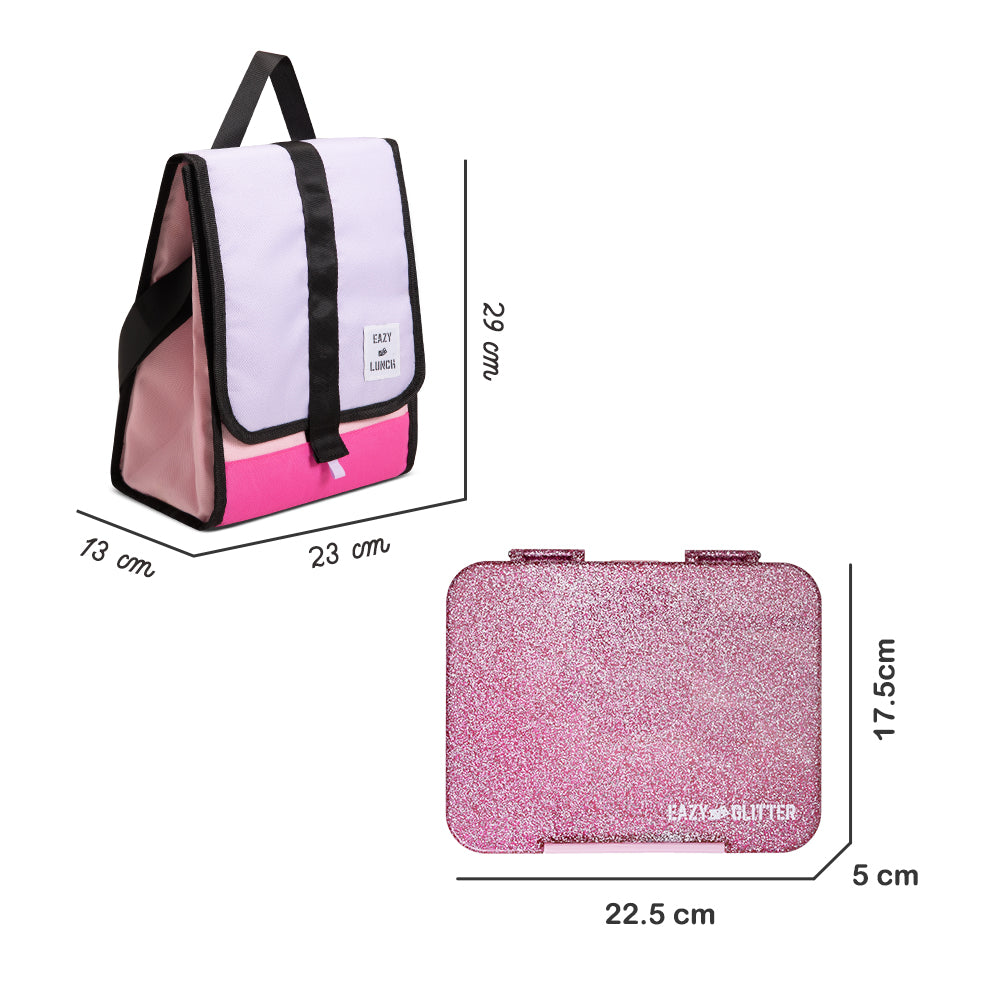 EAZY KIDS 6 & 4 Convertible Bento Lunch Box w/ Lunch Bag- Glitter Pink