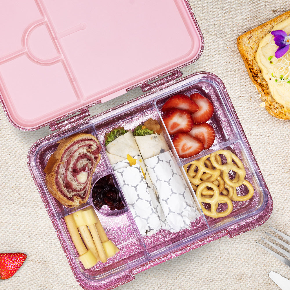 EAZY KIDS 6 & 4 Convertible Bento Lunch Box w/ Lunch Bag- Glitter Pink