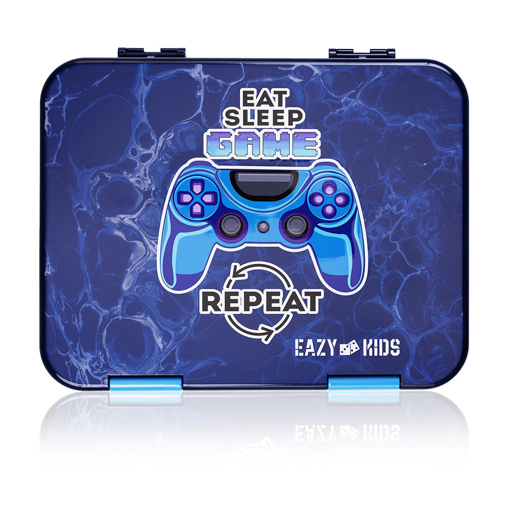 EAZY KIDS Bento Box wt Insulated Lunch Bag & Cutter Set - Combo - Eat Sleep Game Blue