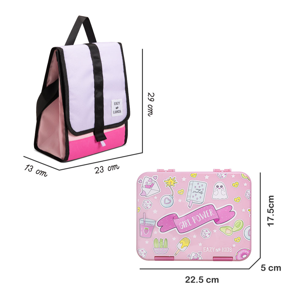 EAZY KIDS 5 & 4 Convertible Bento Lunch Box w/ Lunch Bag, Sandwich Cutter Set - Girl Power