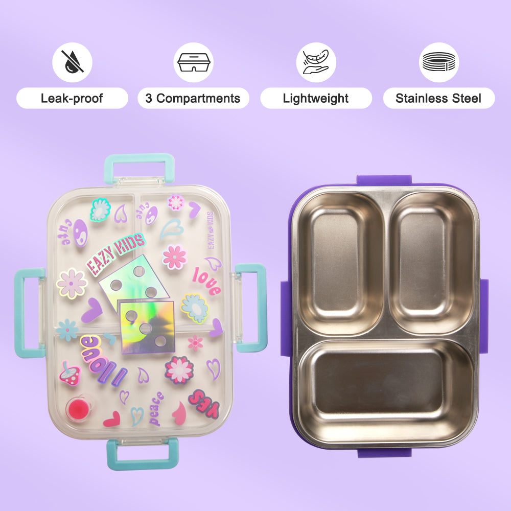 EAZY KIDS 3 Compartment Stainless Steel bento Lunch Box, 800ml w/ Lunch Bag - Floral Purple