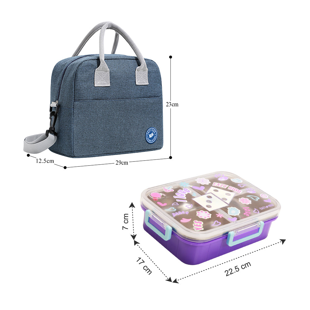 EAZY KIDS 3 Compartment Stainless Steel bento Lunch Box, 800ml w/ Lunch Bag - Floral Purple