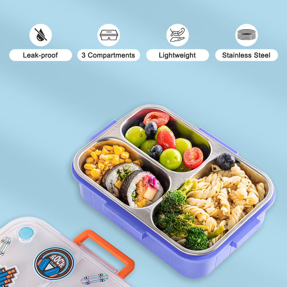 EAZY KIDS 3 Compartment Stainless Steel bento Lunch Box, 800ml w/ Lunch Bag - Skate Board Purple