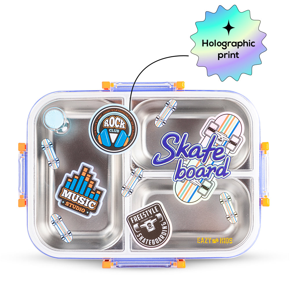 EAZY KIDS 3 Compartment Stainless Steel bento Lunch Box, 800ml w/ Lunch Bag - Skate Board Purple