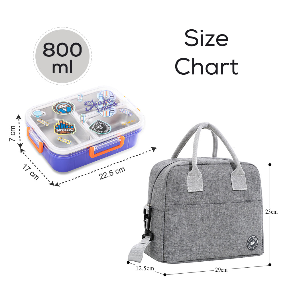 EAZY KIDS 3 Compartment Stainless Steel bento Lunch Box, 800ml w/ Lunch Bag - Skate Board Purple