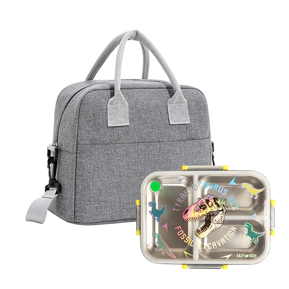 EAZY KIDS 3 Compartment Stainless Steel bento Lunch Box, 800ml w/ Lunch Bag - T- Rex Purple
