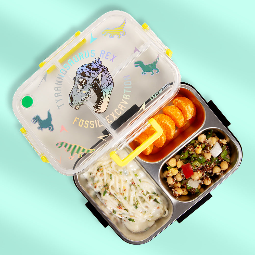 EAZY KIDS 3 Compartment Stainless Steel bento Lunch Box, 800ml w/ Lunch Bag - T- Rex Purple