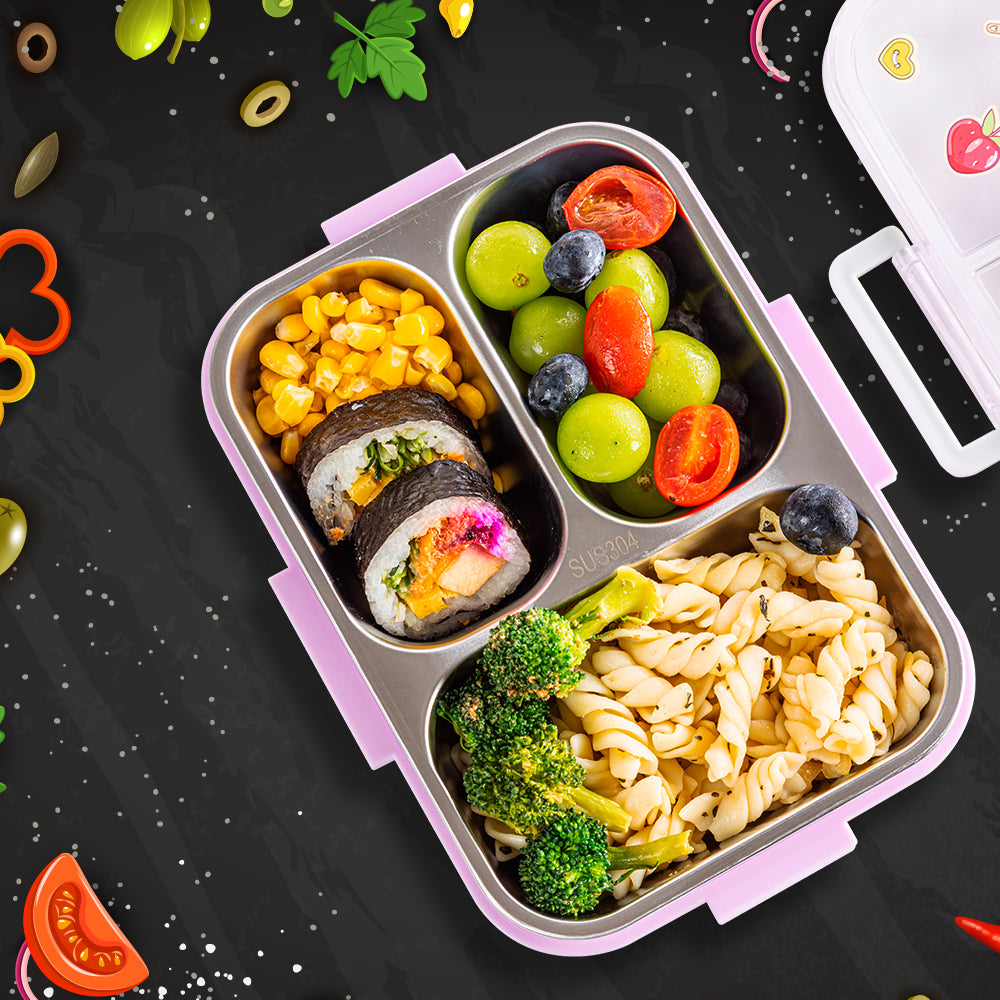 EAZY KIDS 3 Compartment Stainless Steel bento Lunch Box 800ml w/ Lunch Bag - Cup Cake Purple