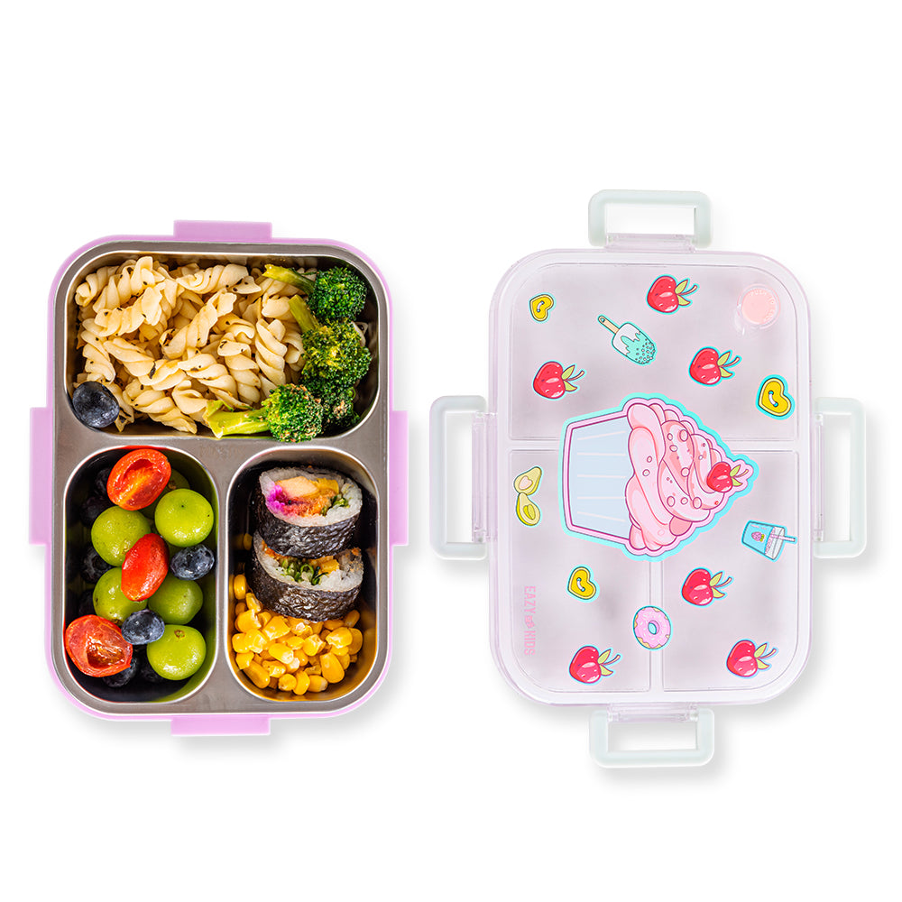 EAZY KIDS 3 Compartment Stainless Steel bento Lunch Box 800ml w/ Lunch Bag - Cup Cake Purple