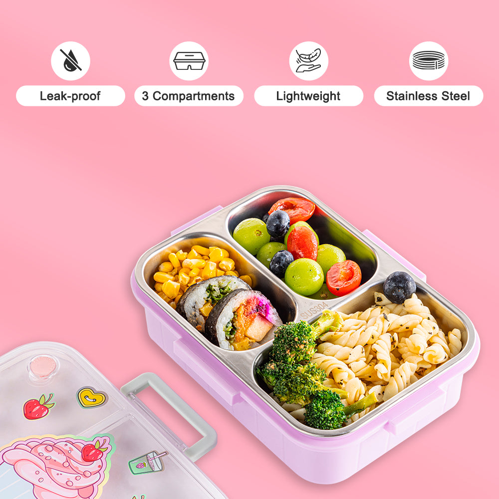 EAZY KIDS 3 Compartment Stainless Steel bento Lunch Box 800ml w/ Lunch Bag - Cup Cake Purple