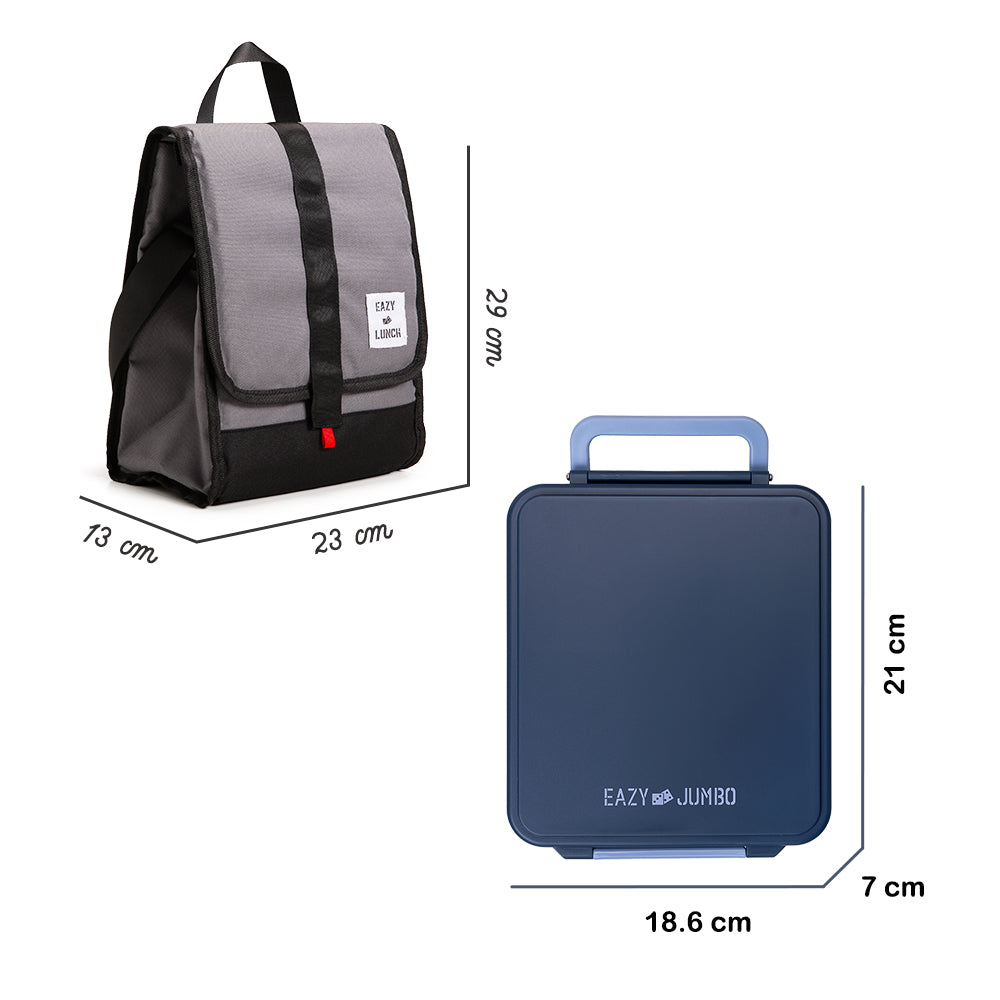 EAZY KIDS Jumbo Bento Lunch Box w/ Lunch Bag, Thermos & Dip Jar- Grey
