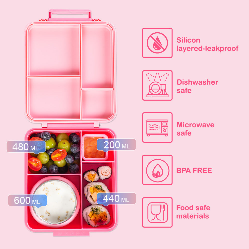 EAZY KIDS Jumbo Bento Lunch Box w/ Lunch Bag, Thermos & Dip Jar- Pink