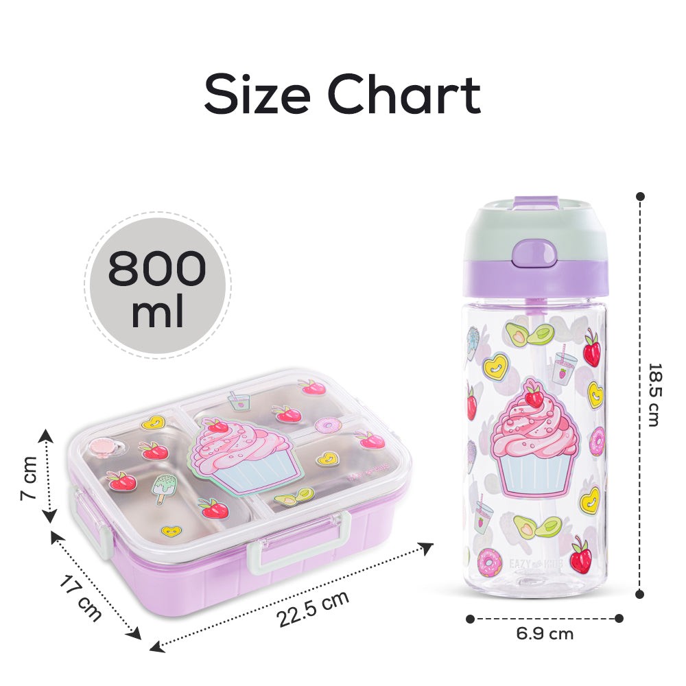 EAZY KIDS 3 Compartment 800ml Stainless Steel bento Lunch Box w/ Water Bottle - Cup Cake Purple