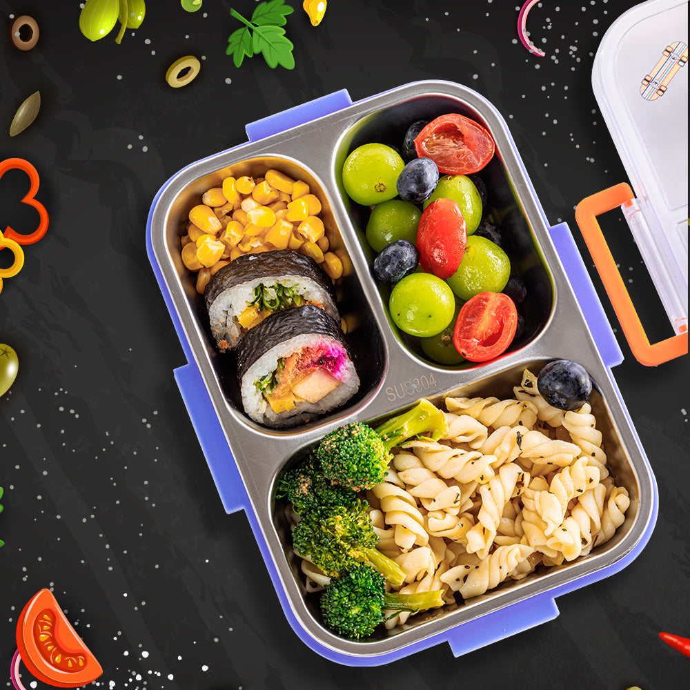 EAZY KIDS 3 Compartment 800ml Stainless Steel bento Lunch Box w/ Water Bottle - Skate Board Purple