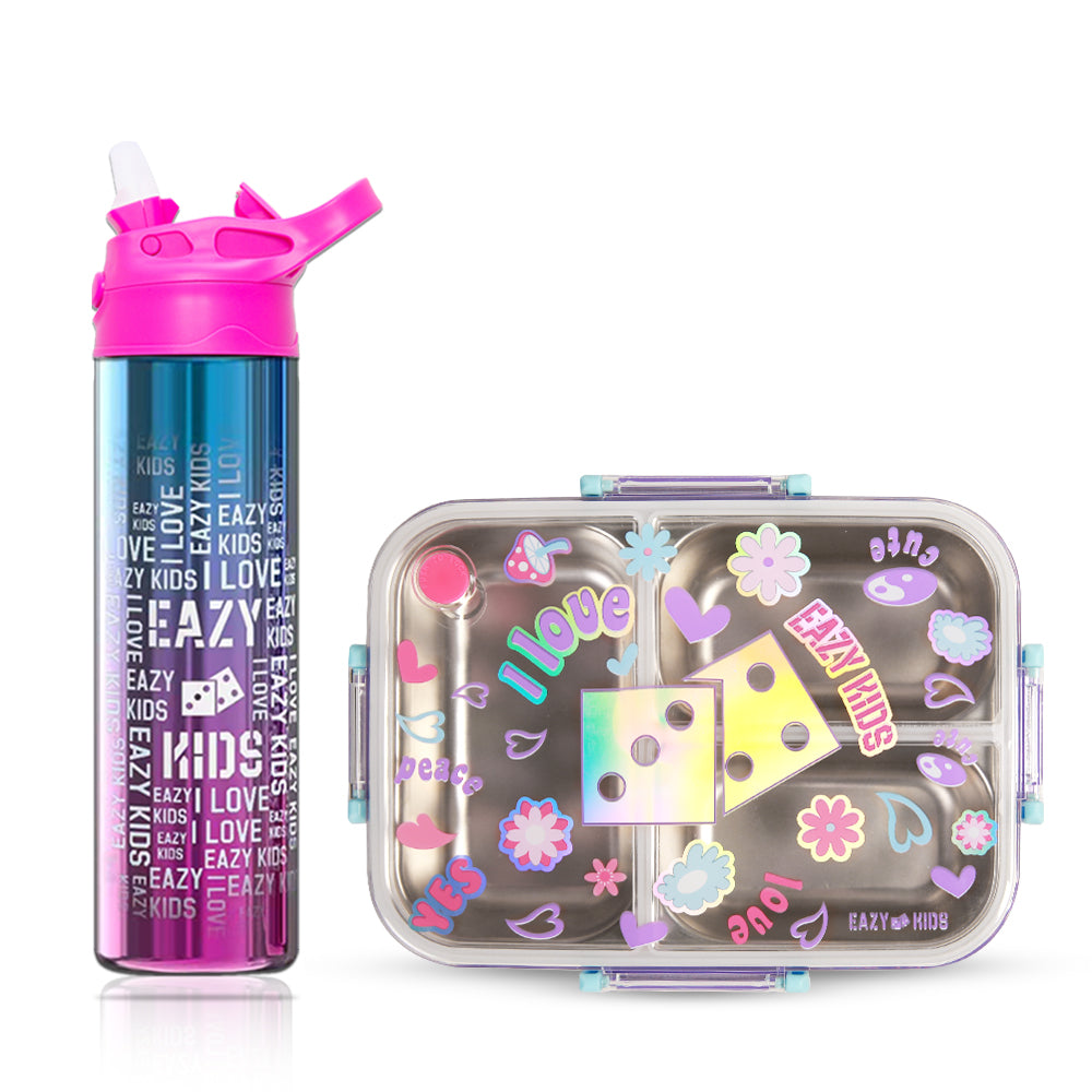 EAZY KIDS 3 Compartment 800ml Stainless Steel bento Lunch Box w/ Steel Water Bottle - Floral Purple