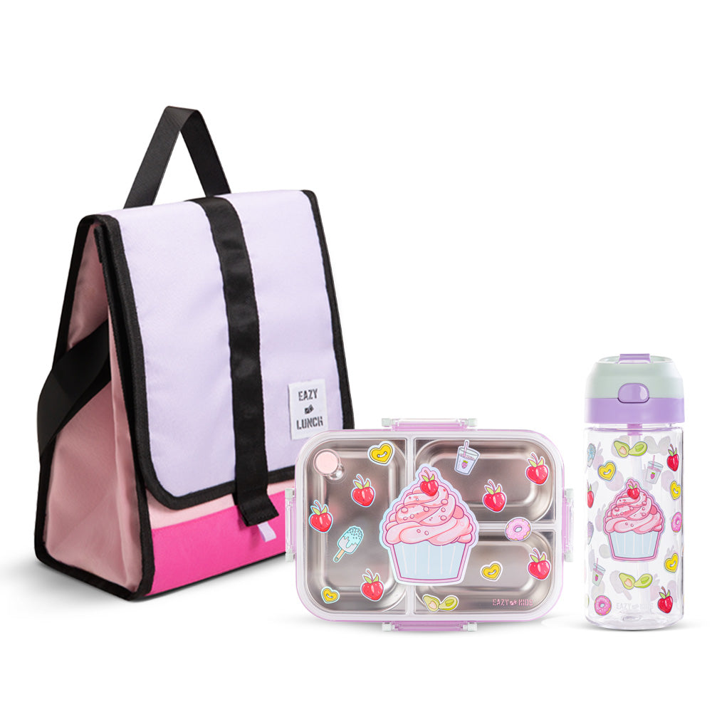 Eazy Kids 800ml Lunch Box with 500ml Water Bottle & Pink Lunch Bag - Purple