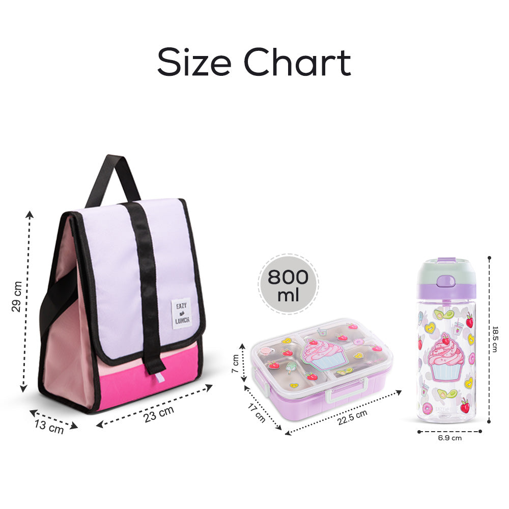 Eazy Kids 800ml Lunch Box with 500ml Water Bottle & Pink Lunch Bag - Purple