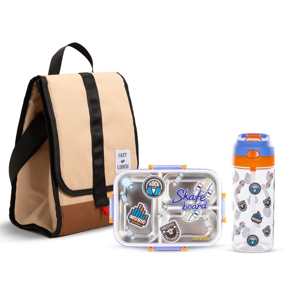 Eazy Kids 800ml Lunch Box with 500ml Water Bottle & Ivory Lunch Bag - Blue