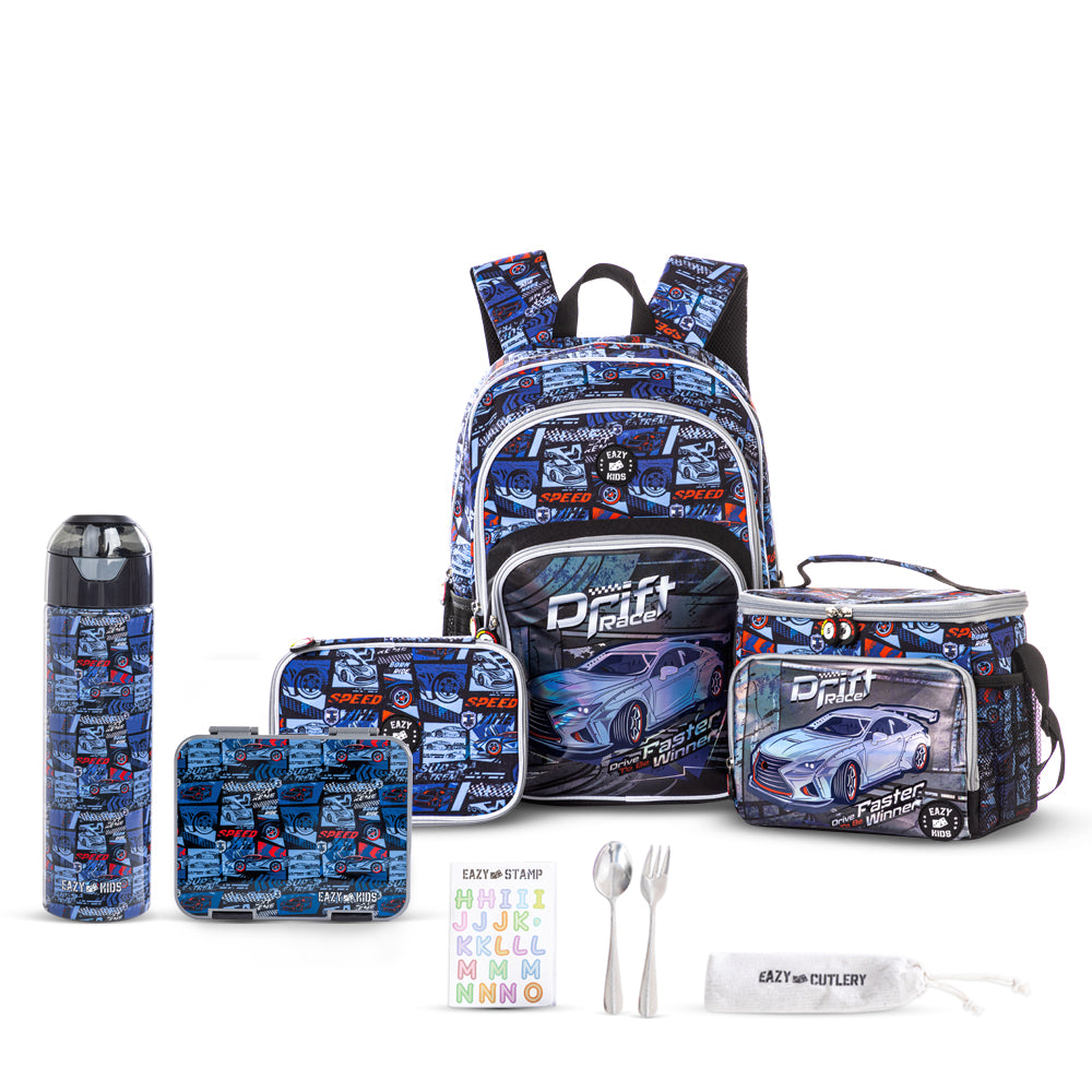 EAZY KIDS 18 inch Set of 5 Backpack w/ Water Bottle, Lunch Box, Lunch Bag and Pencil Case - Car Racing