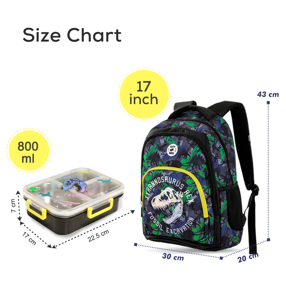 Eazy Kids 17inch Set of 5 Backpack w/ Water Bottle, Lunch Box, Lunch Bag and Pencil Case - T-Rex