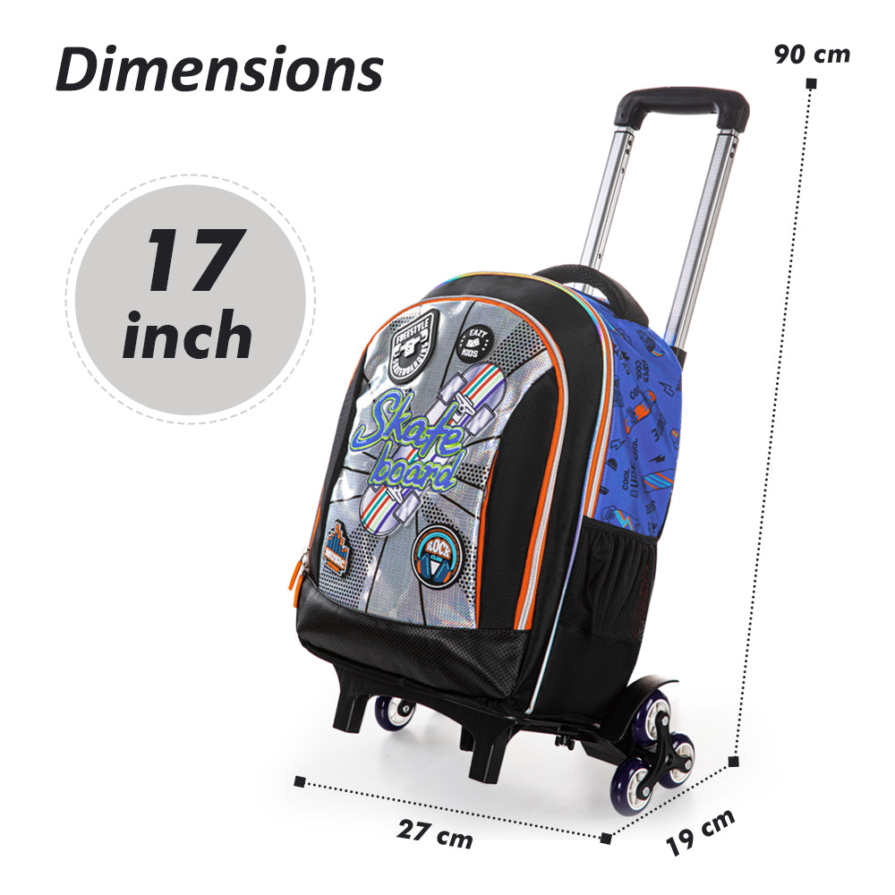 EAZY KIDS 17 inch Set of 4 Backpack w/Trolley, Lunch Bag and Pencil Case - Skate Board
