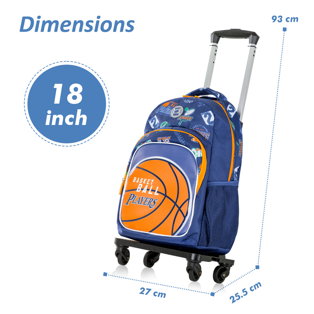 EAZY KIDS 18 inch Set of 4 Backpack w/4 Wheel Trolley, Lunch Bag and Pencil Case - Basket Ball