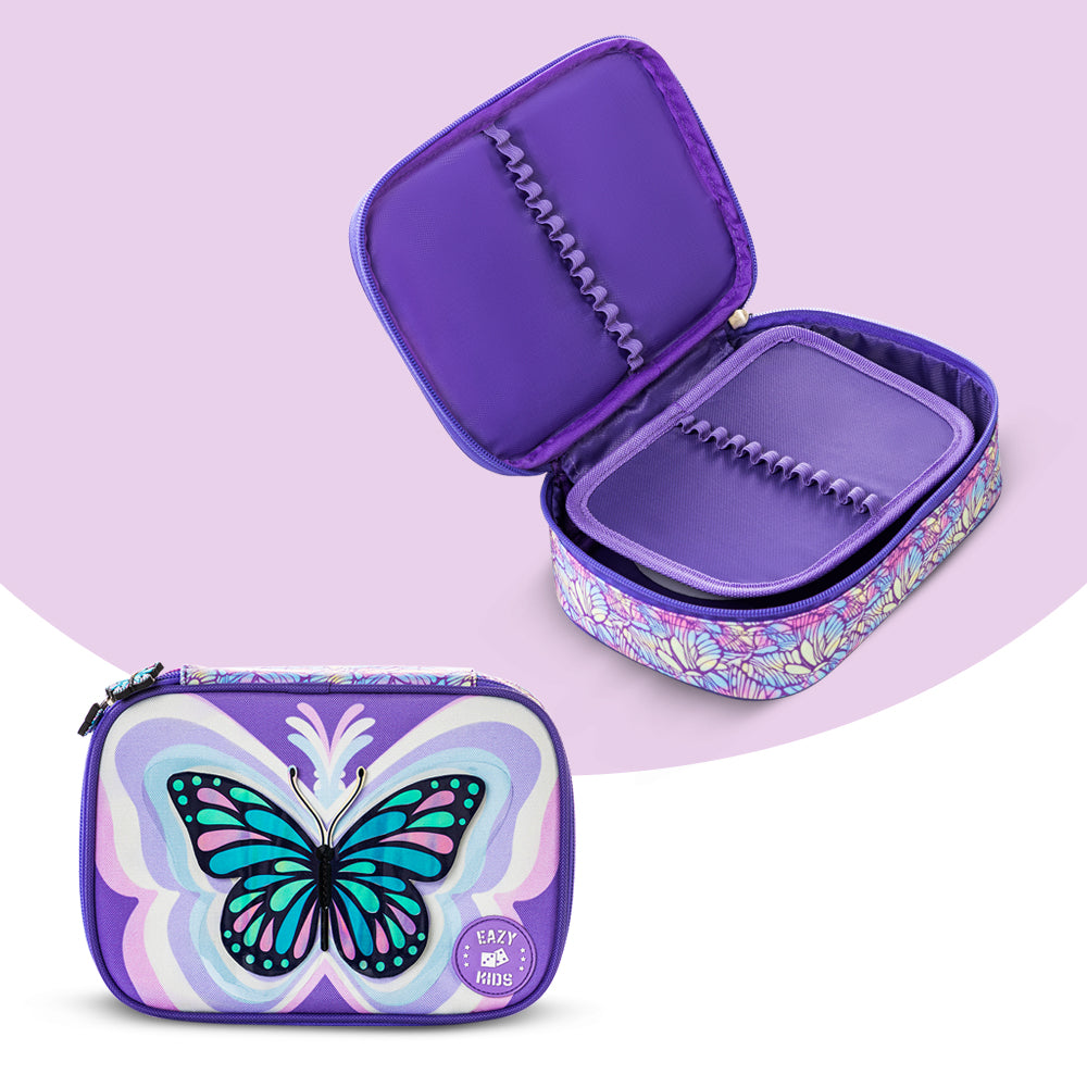 EAZY KIDS 18 inch Set of 4 Backpack w/4 Wheel Trolley, Lunch Bag and Pencil Case - 3D Butterfly Purple