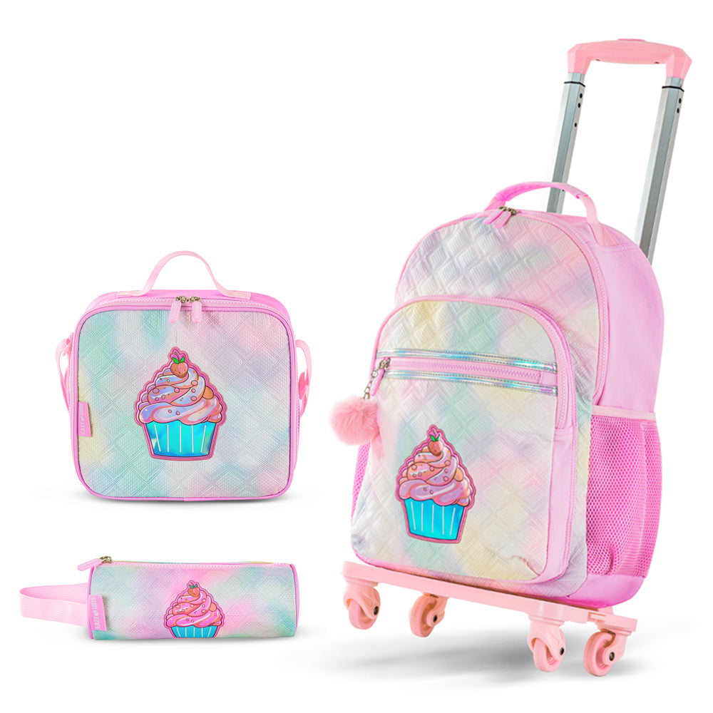 EAZY KIDS 17 inch Set of 4 Backpack w/4 Wheel Trolley, Lunch Bag and Pencil Case - Sugar Pop Pink