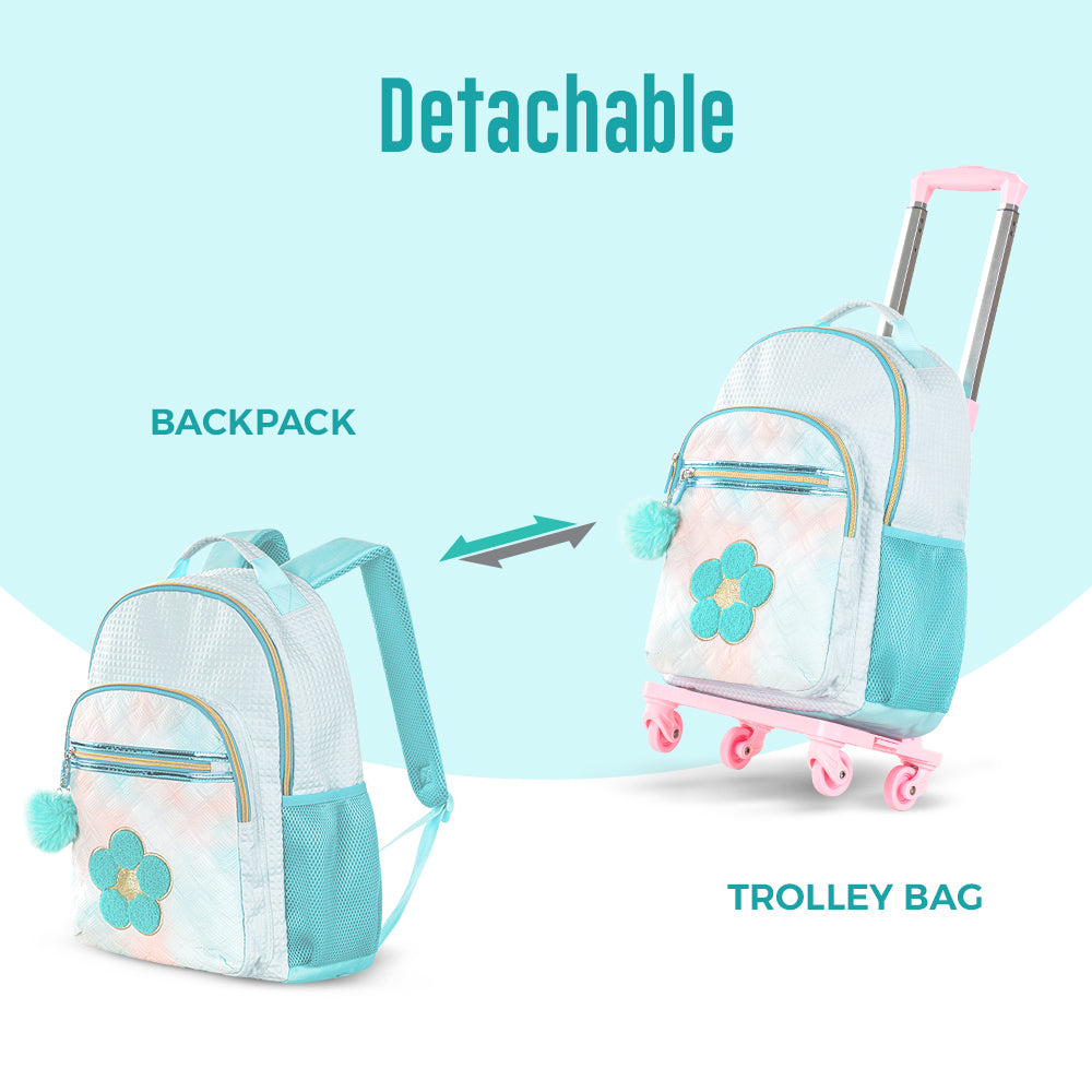 EAZY KIDS 18 inch Set of 4 Backpack w/4 Wheel Trolley, Lunch Bag and Pencil Case - Flora Green