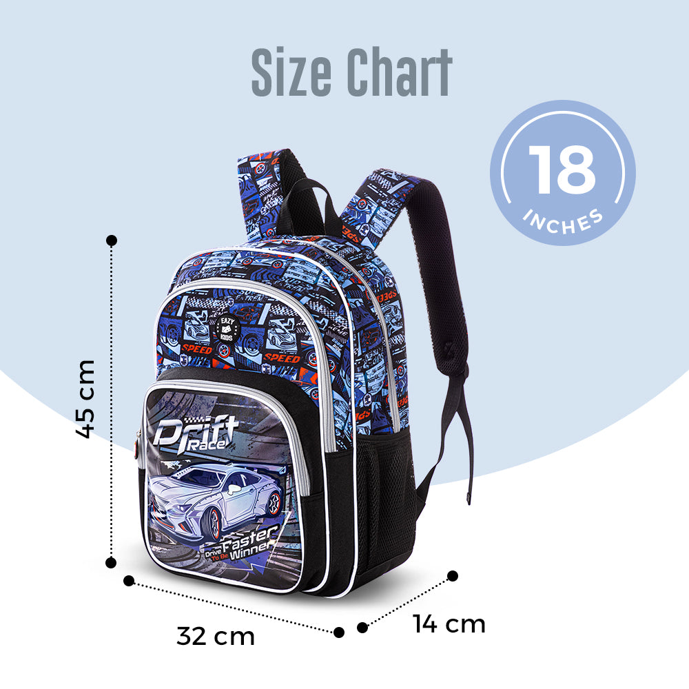 EAZY KIDS 18 inch Set of 4 Backpack w/4 Wheel Trolley, Lunch Bag and Pencil Case - Car Racing