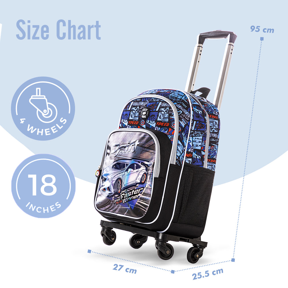 EAZY KIDS 18 inch Set of 4 Backpack w/4 Wheel Trolley, Lunch Bag and Pencil Case - Car Racing