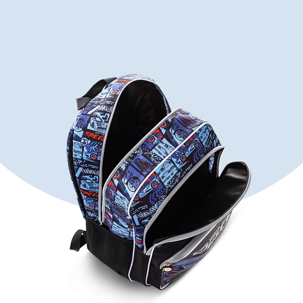 EAZY KIDS 18 inch Set of 4 Backpack w/4 Wheel Trolley, Lunch Bag and Pencil Case - Car Racing