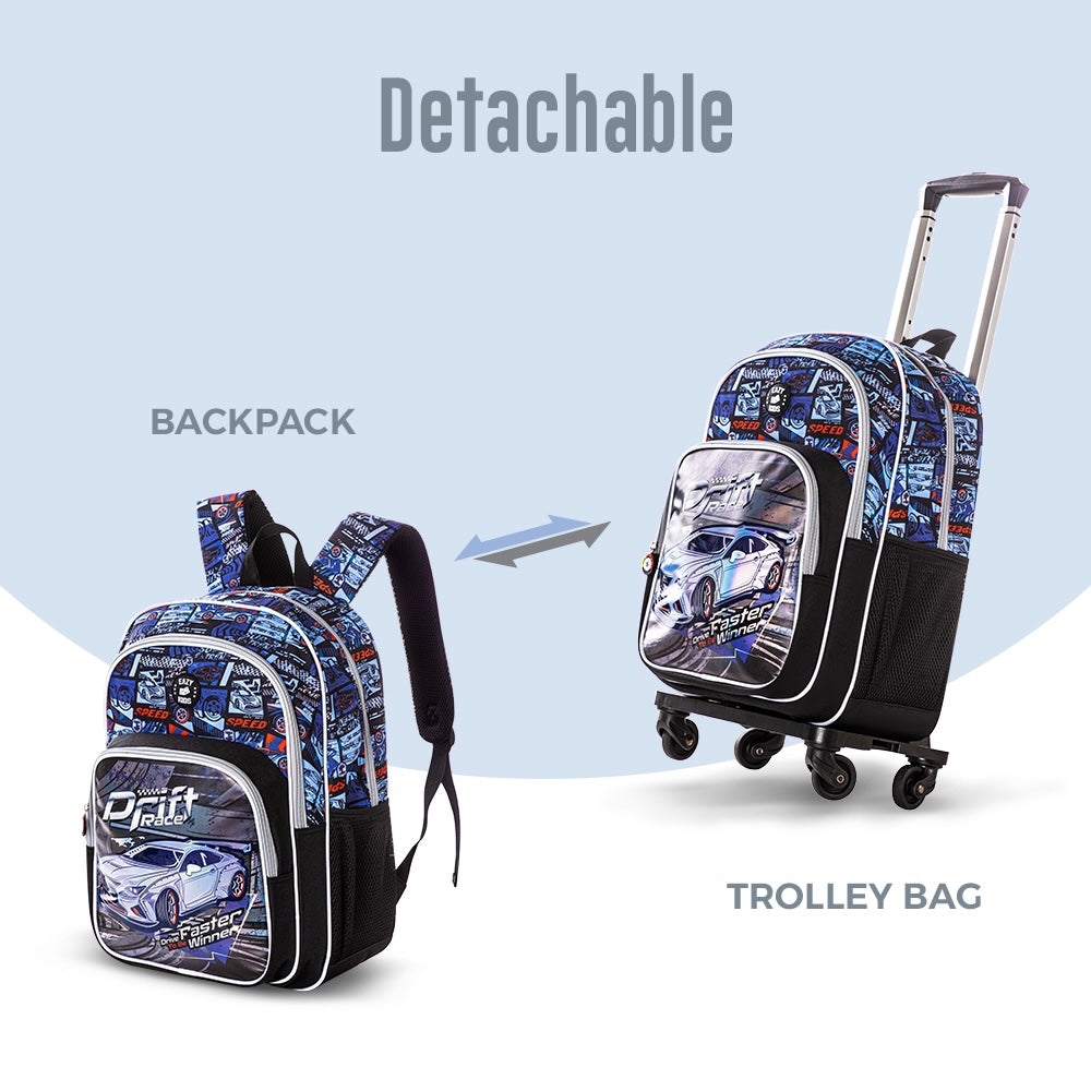 EAZY KIDS 18 inch Set of 4 Backpack w/4 Wheel Trolley, Lunch Bag and Pencil Case - Car Racing