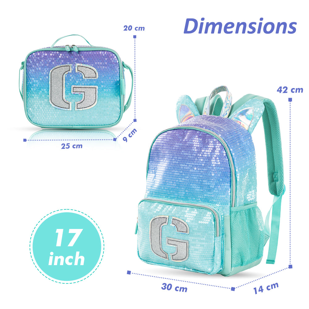 EAZY KIDS 17 inch Set of 4 Backpack w/4 Wheel Trolley, Lunch Bag and Pencil Case - Girl Glitter Green