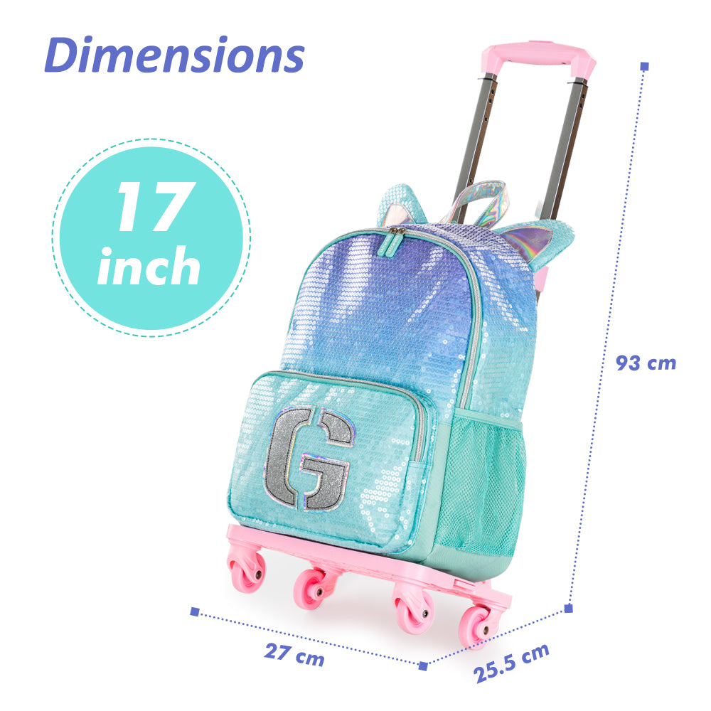 EAZY KIDS 17 inch Set of 4 Backpack w/4 Wheel Trolley, Lunch Bag and Pencil Case - Girl Glitter Green