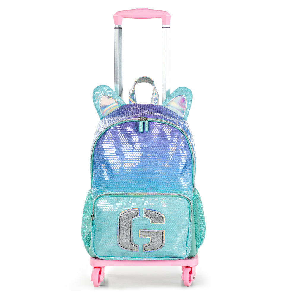 EAZY KIDS 17 inch Set of 4 Backpack w/4 Wheel Trolley, Lunch Bag and Pencil Case - Girl Glitter Green