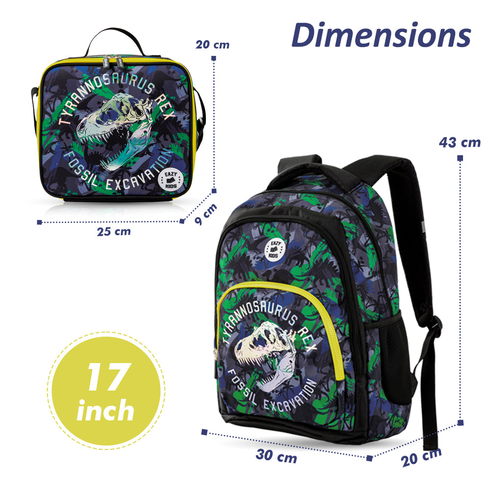EAZY KIDS 17 inch Set of 4 Backpack w/4 Wheel Trolley, Lunch Bag and Pencil Case - T-Rex