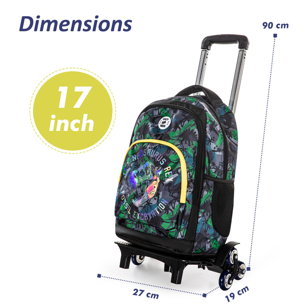 EAZY KIDS 17 inch Set of 4 Backpack w/4 Wheel Trolley, Lunch Bag and Pencil Case - T-Rex