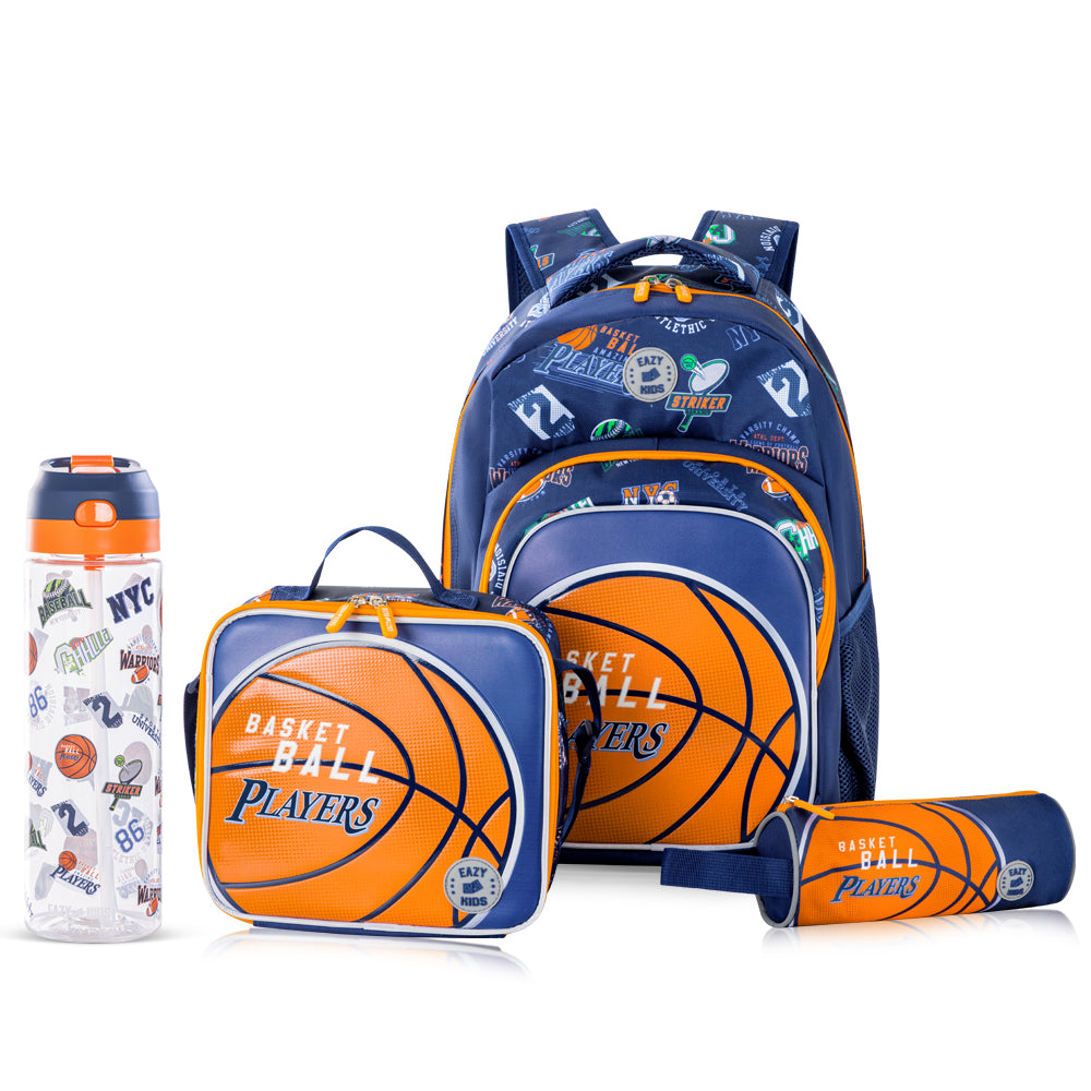EAZY KIDS 18" Set of 4 Backpack w/ Water Bottle, Lunch Bag and Pencil Case - Basket Ball