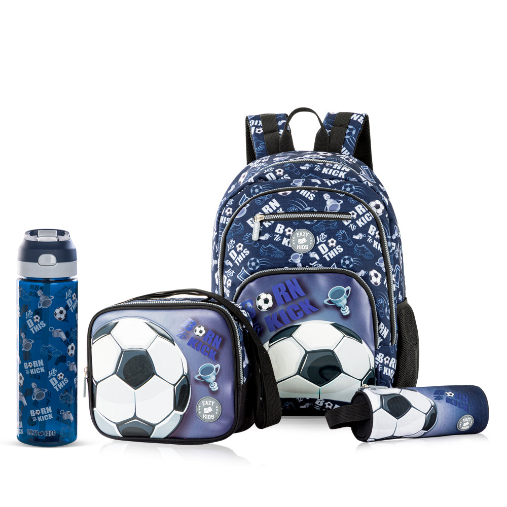 EAZY KIDS 18 inch Set of 4 Backpack w/ Water Bottle, Lunch Bag and Pencil Case - Football